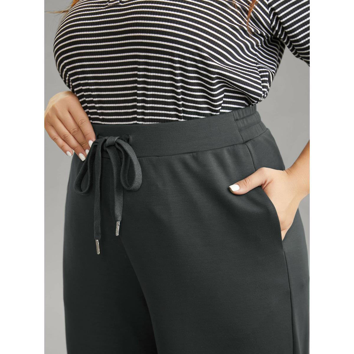 Plus Size Plain Wideband Waist Drawstring Pants Women DimGray Casual Straight Leg Mid Rise Dailywear Pants BloomChic 22-24/3X Product Image