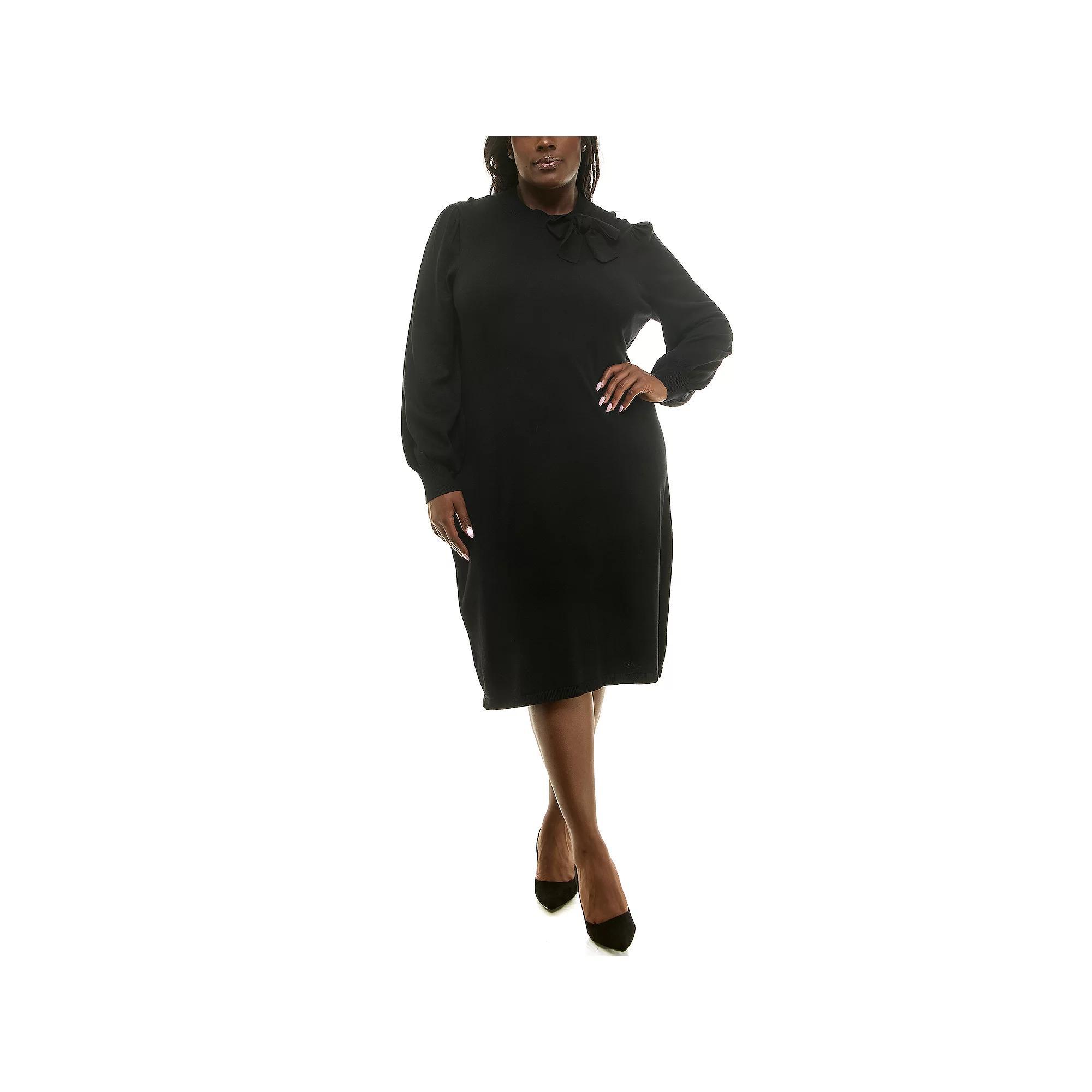 Plus Size Nina Leonard Rib Knit Dress with Bow, Women's, Size: 2XL, Black Product Image