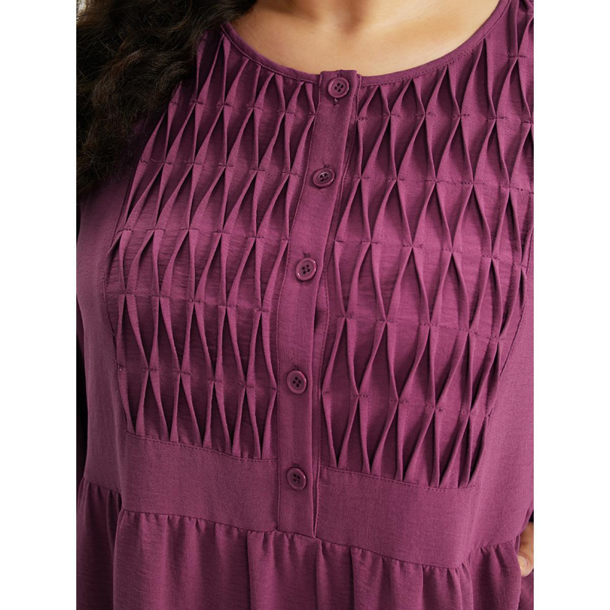 Plus Size Plain Plicated Detail Layered Hem Dress RedViolet Women Elegant Elastic cuffs Round Neck Long Sleeve Curvy Midi Dress BloomChic 30/6X Product Image