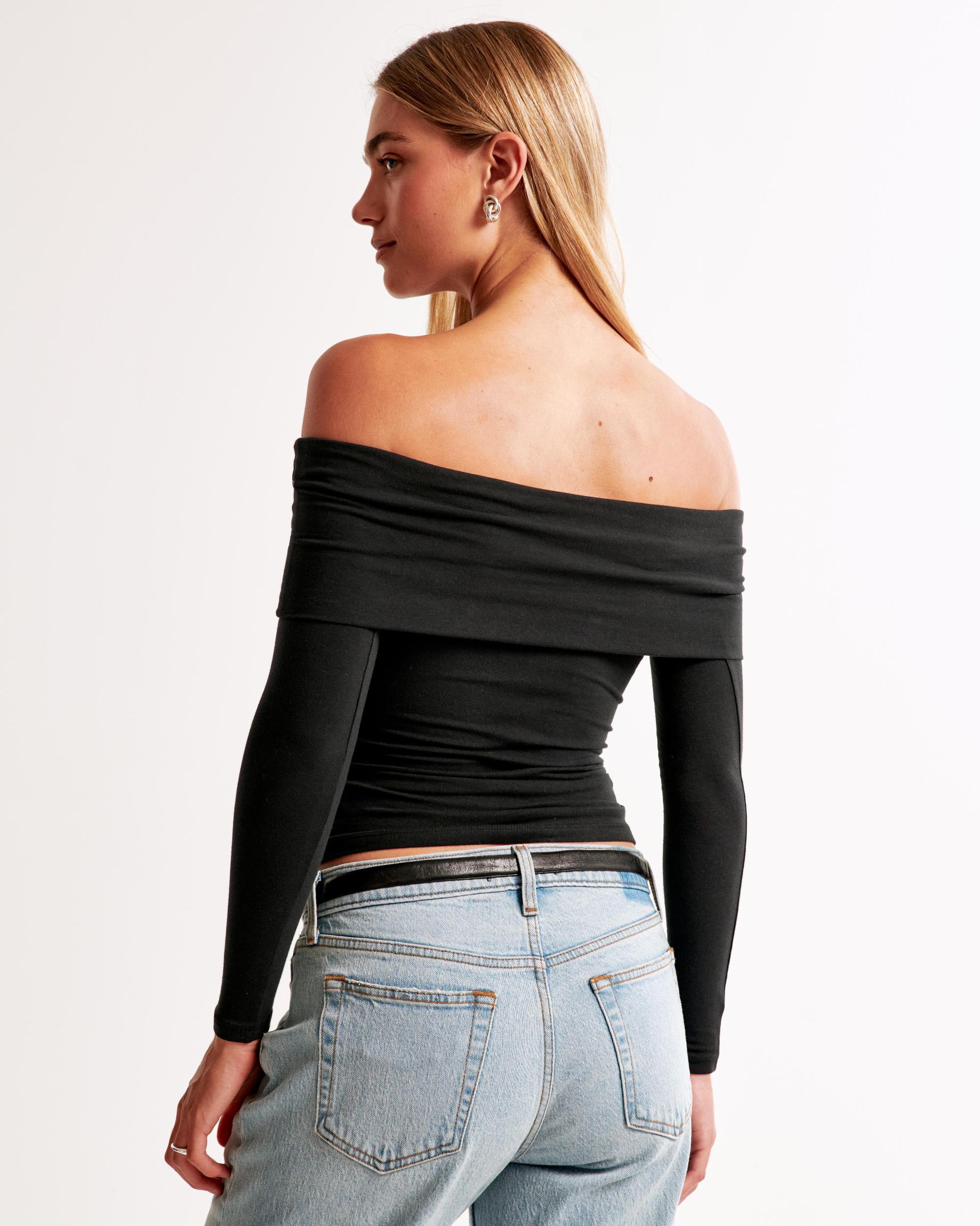 Long-Sleeve Cotton-Blend Seamless Fabric Tuckable Off-The-Shoulder Top Product Image