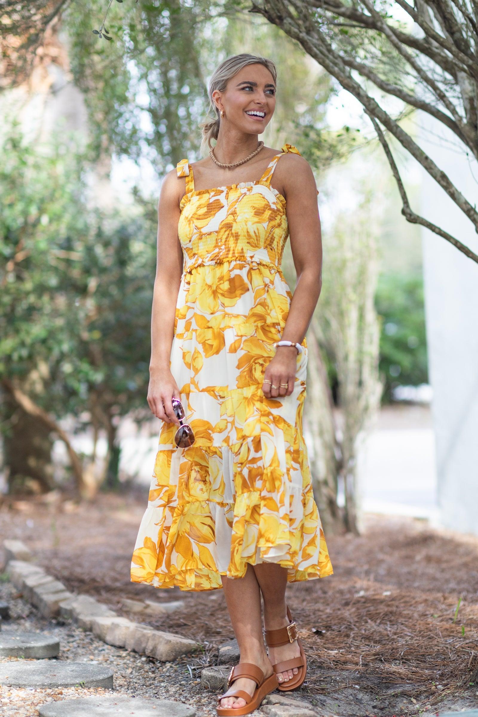 Yellow Floral Midi Dress With Tie Straps Product Image