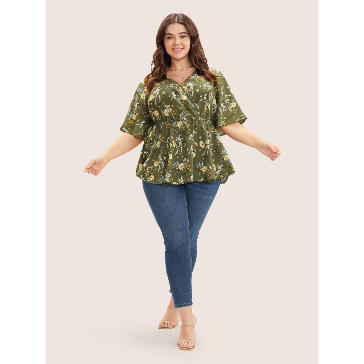 Plus Size Moss Floral Print Ruffles Surplice Neck Blouse Women Elegant Half Sleeve V-neck Everyday Blouses BloomChic 26/4X Product Image