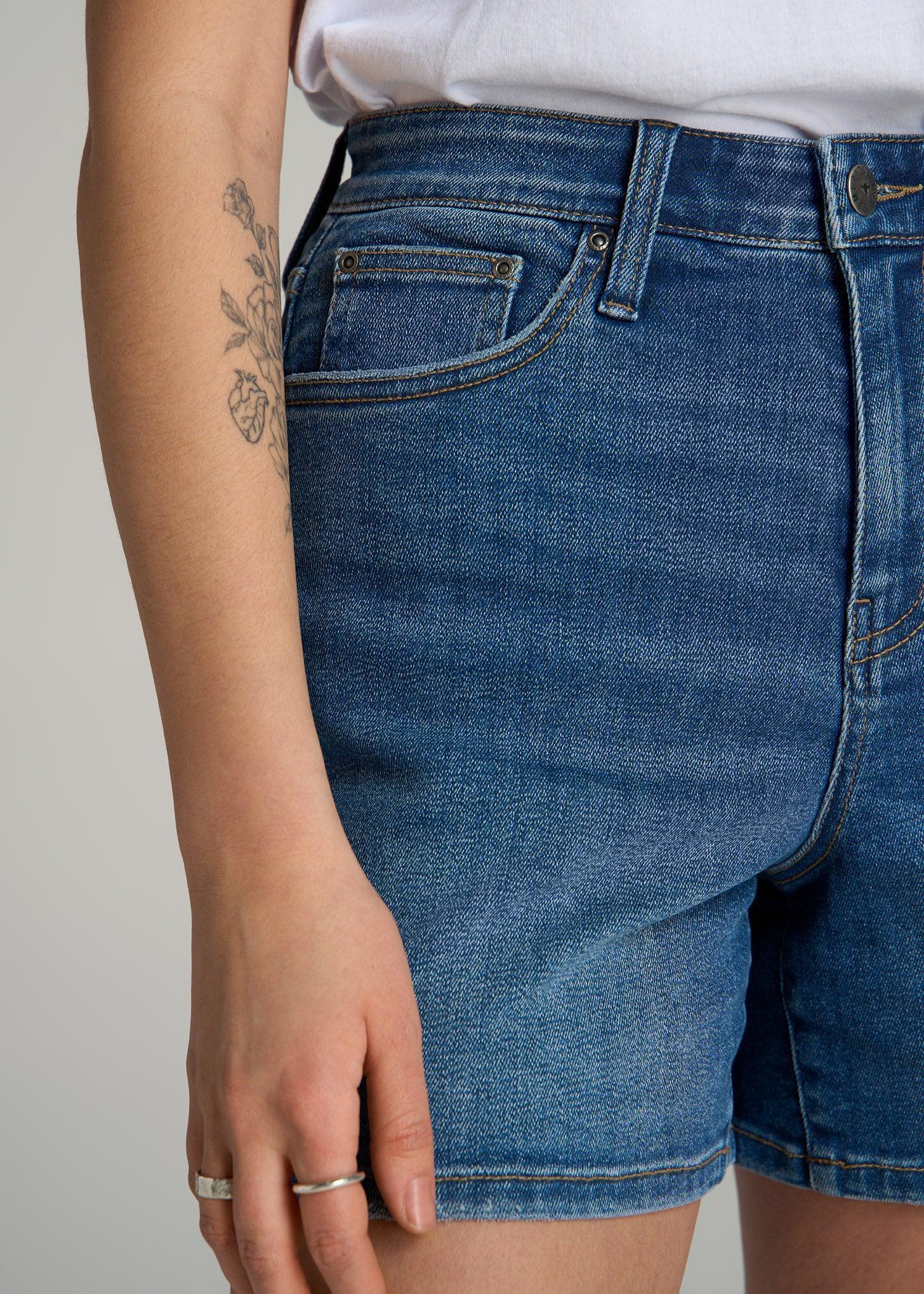 High Rise Denim Shorts for Tall Women in Classic Mid Blue Product Image