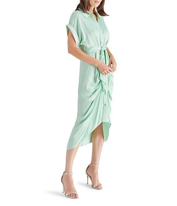 Steve Madden Tori Satin Point Collar Short Kimono Cuff Sleeve Belted Ruched Front Asymmetrical Hem Midi Shirt Dress Product Image