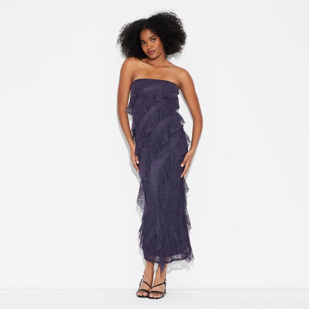 Women's Lace Ruffle Maxi Bodycon Dress - Wild Fable™ Navy Blue XXS: Recycled Nylon, Spandex, Strapless, Side Zipper, Machine Wash Product Image