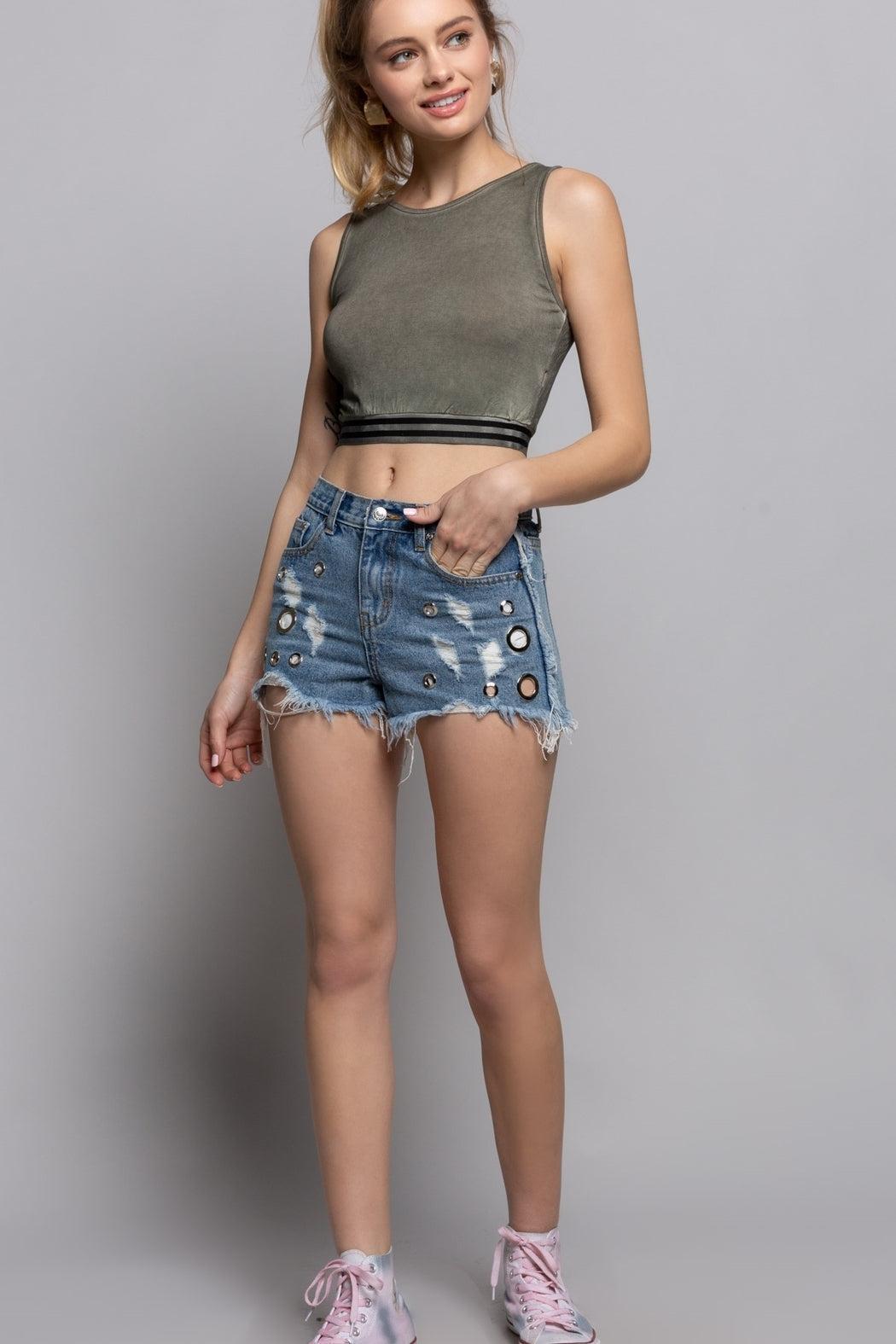 Raw Edge Denim Shorts with Eyelet Details Product Image