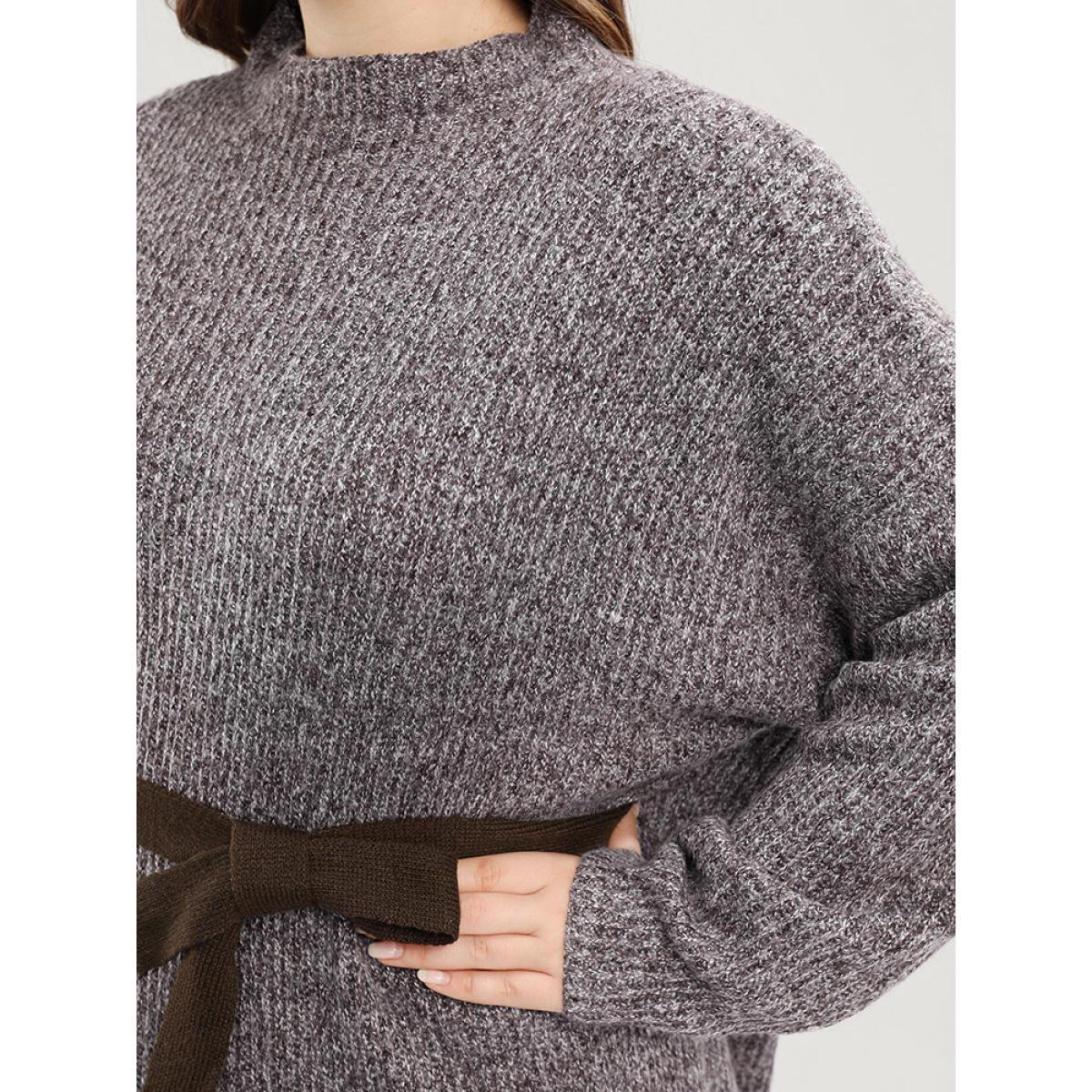 Plus Size Solid Pointelle Knit Mock Neck Belted Heather Knit Top Brown Women Casual Long Sleeve Mock Neck Dailywear Pullovers BloomChic 26/4X Product Image