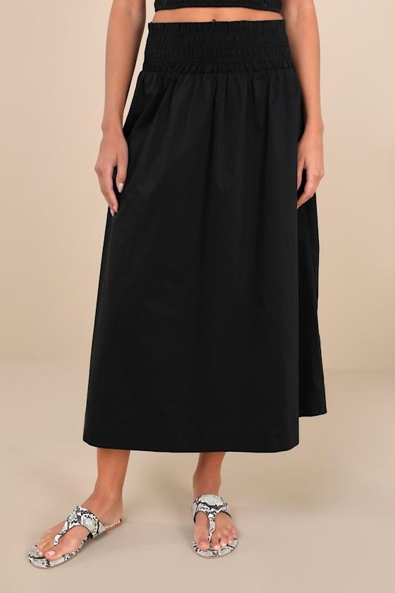 Modern Sweetheart Black Smocked Waist Midi Skirt Product Image