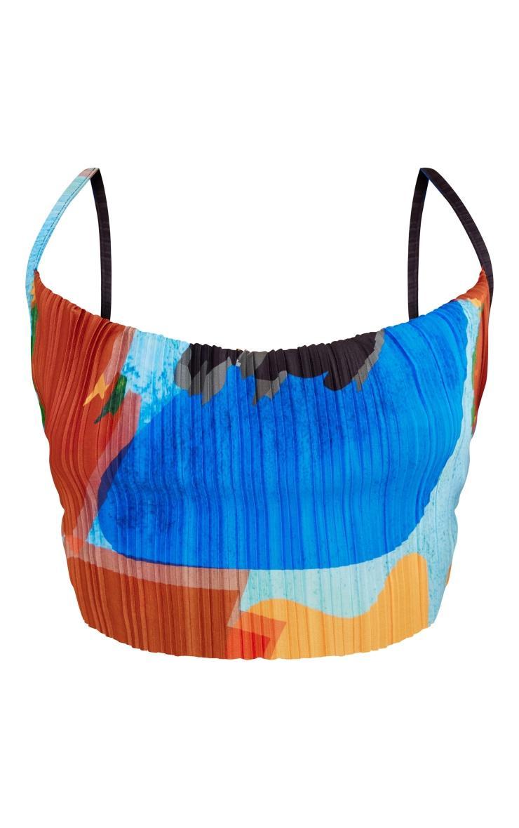 Blue Abstract Print Plisse Strappy Cowl Neck Top Product Image