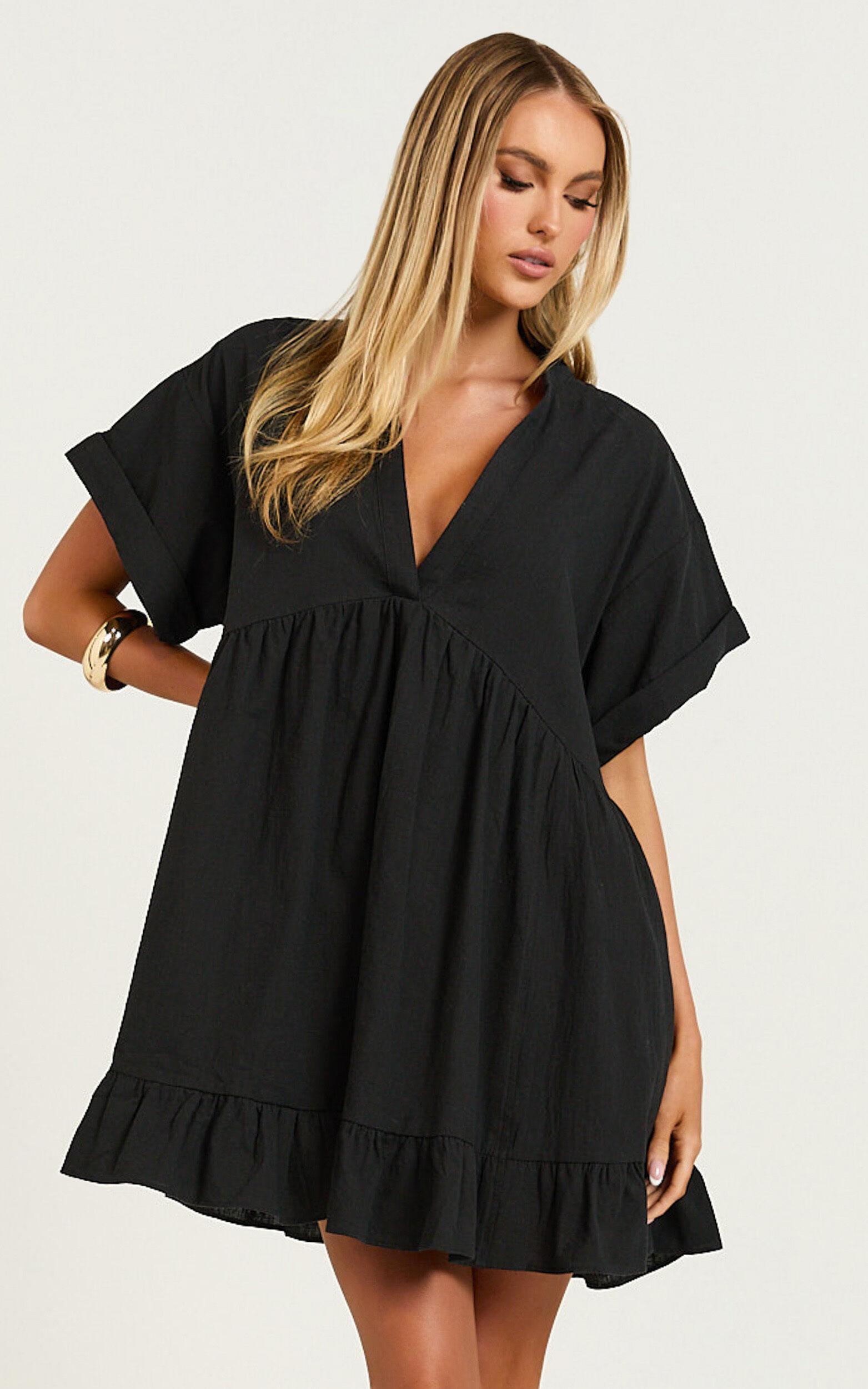 Calissa Mini Dress - Frill Hem Smock Dress in Black Product Image
