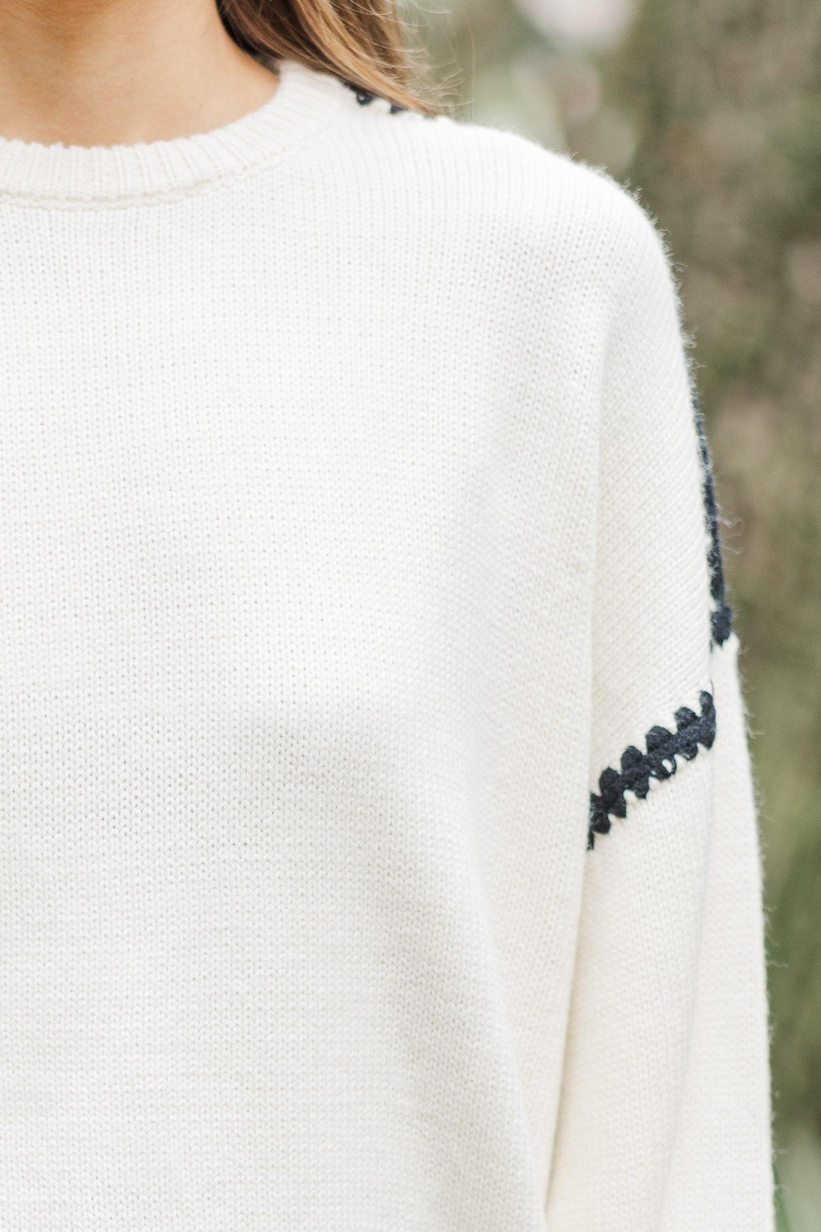 Before You Know It Cream White Contrast Stitch Sweater Female Product Image