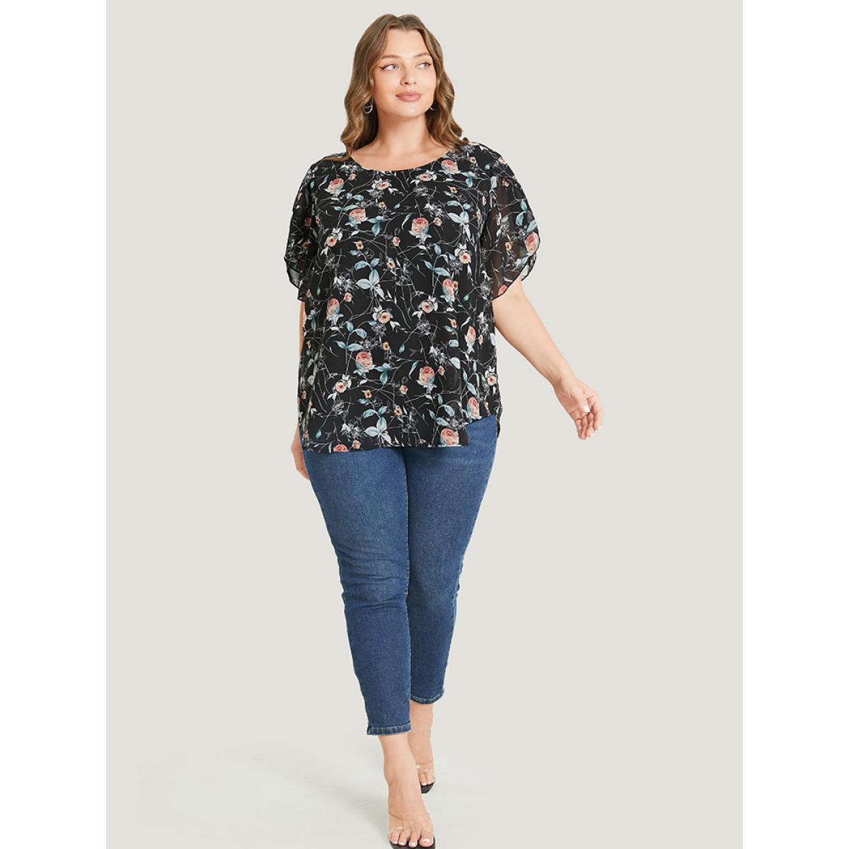 Plus Size Black Floral Split Sleeve Chiffon Blouse Women Elegant Short sleeve Round Neck Dailywear Blouses BloomChic 18-20/2X Product Image