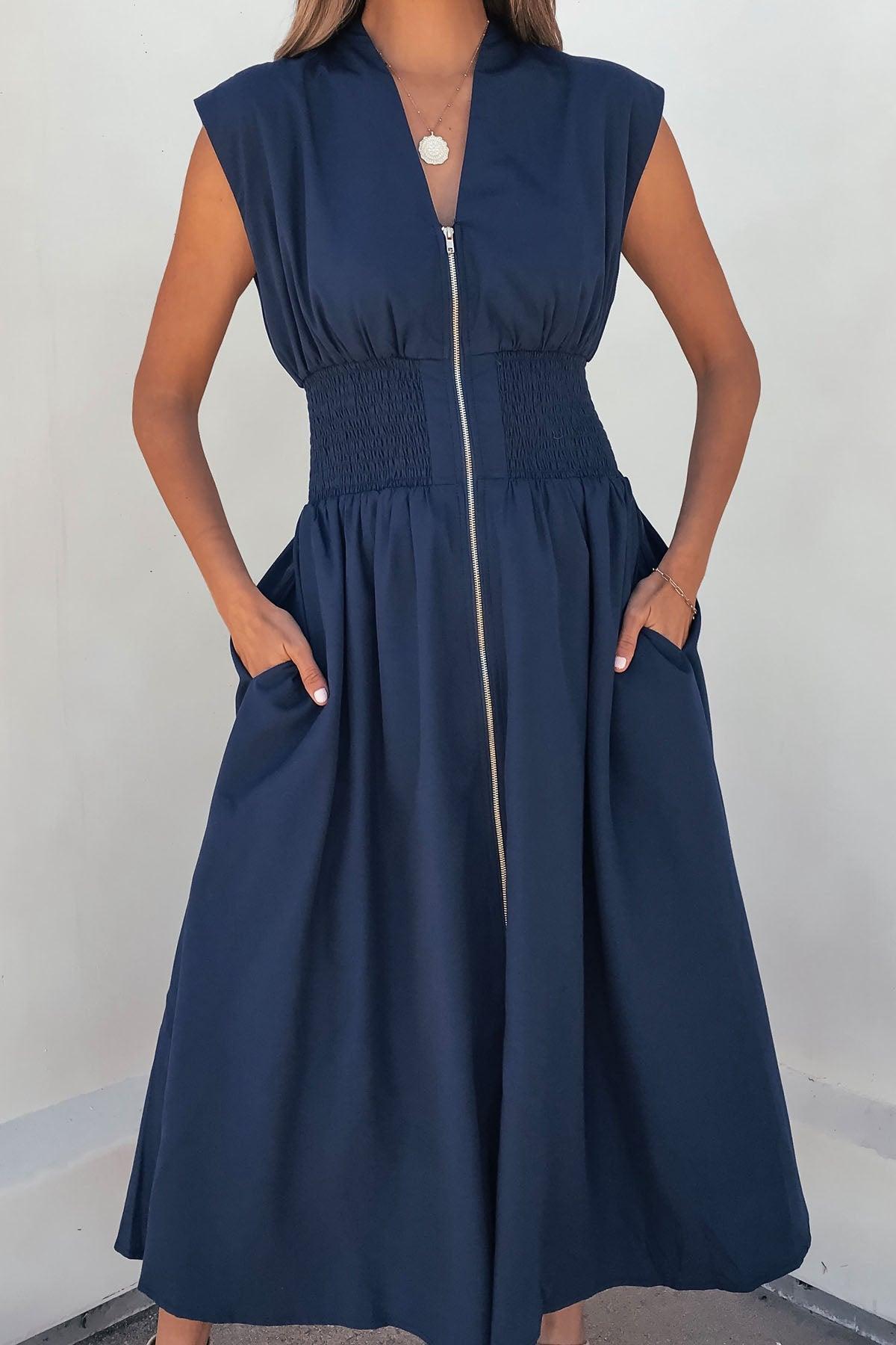 Solid Zip Up Front Midi Dress - Navy Female Product Image