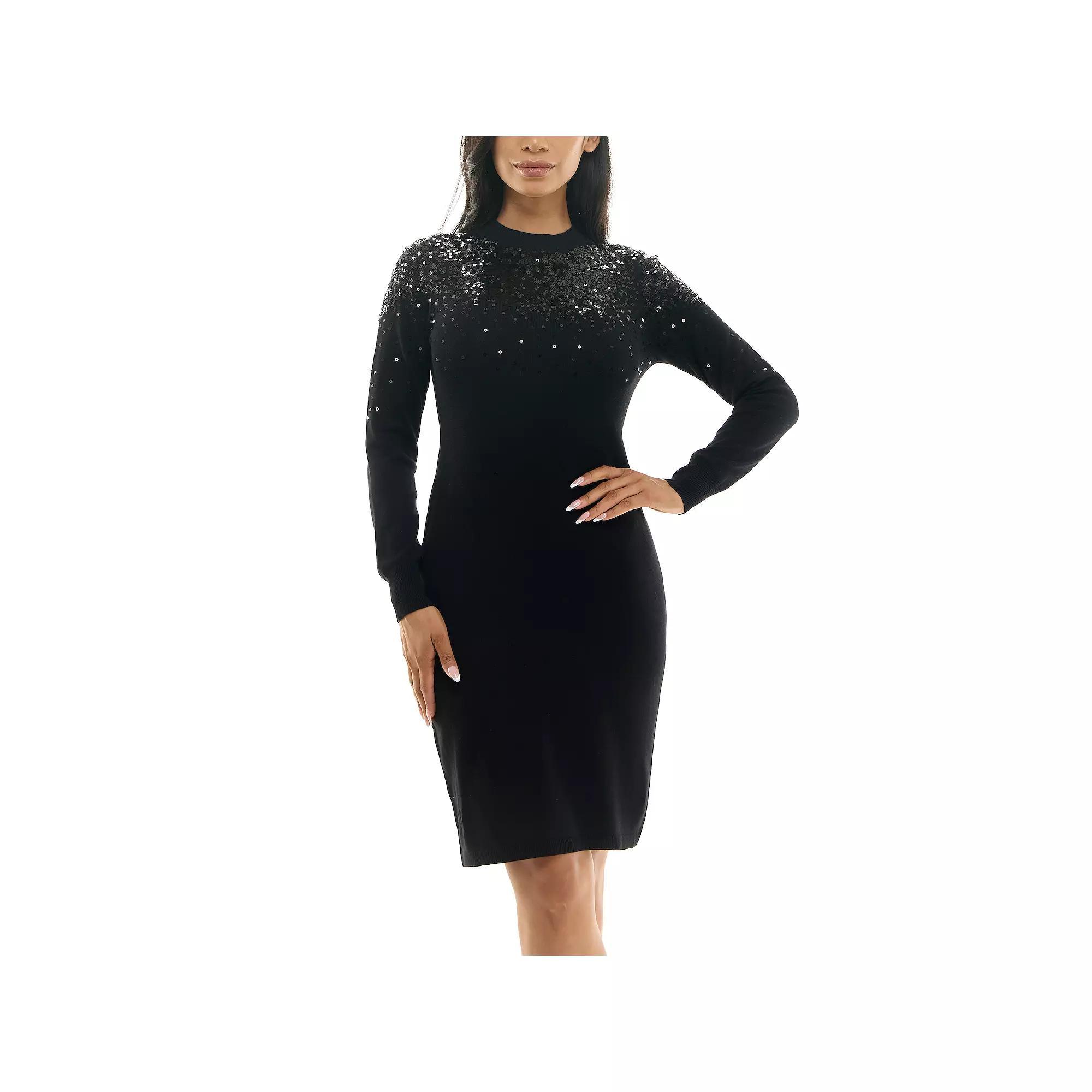 Women's Nina Leonard Sequins Sweater Dress, Size: Small, Black Product Image