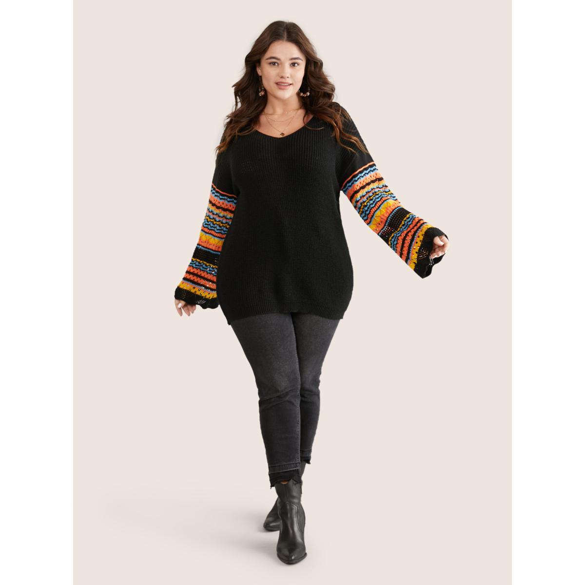 Plus Size Contrast Striped Hollow Out Bell Sleeve Pullover Black Women Resort Long Sleeve V-neck Vacation Pullovers BloomChic 22-24/3X Product Image