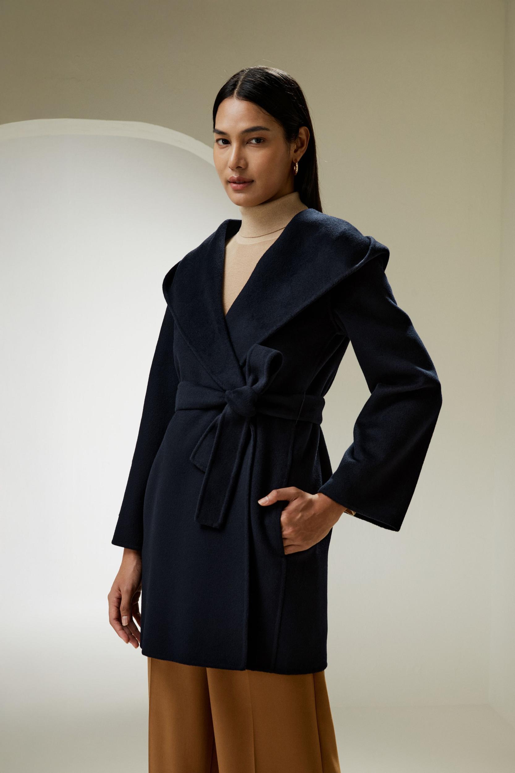 Cashmere-Wool-Blend Belted Short Hooded Coat Product Image