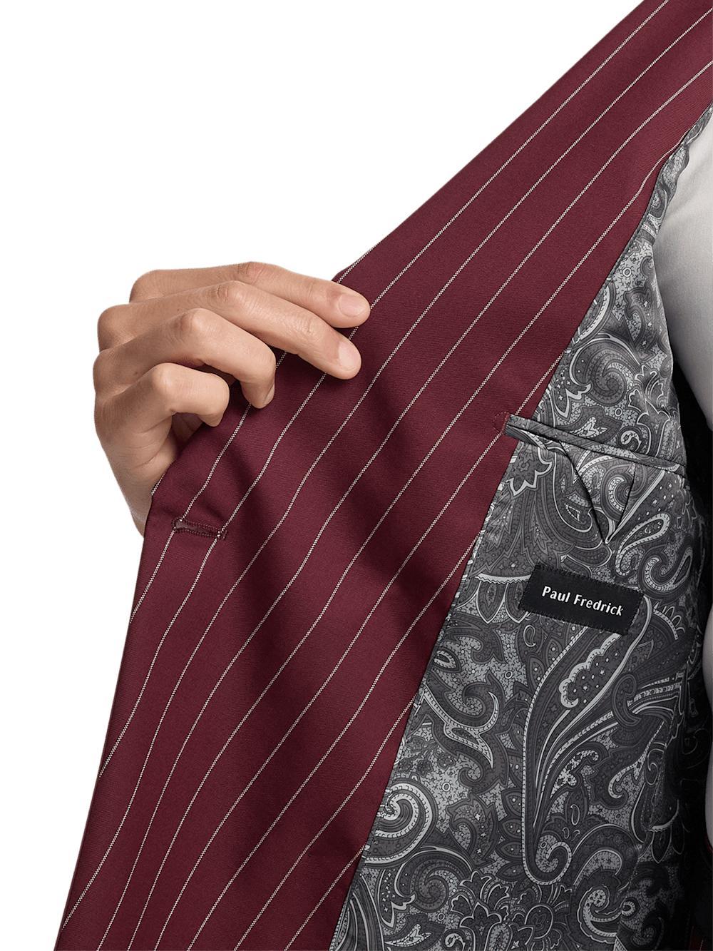 Wool Stretch Stripe Double Breasted Peak Lapel Suit - Burgundy Product Image