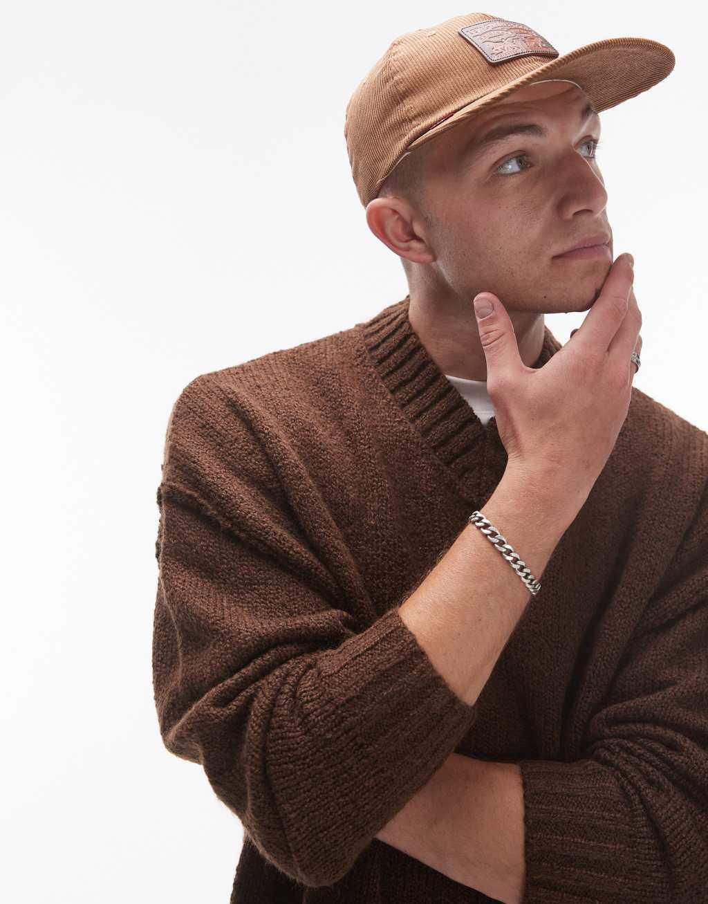 Topman oversized v neck sweater in brown with exposed seams Product Image