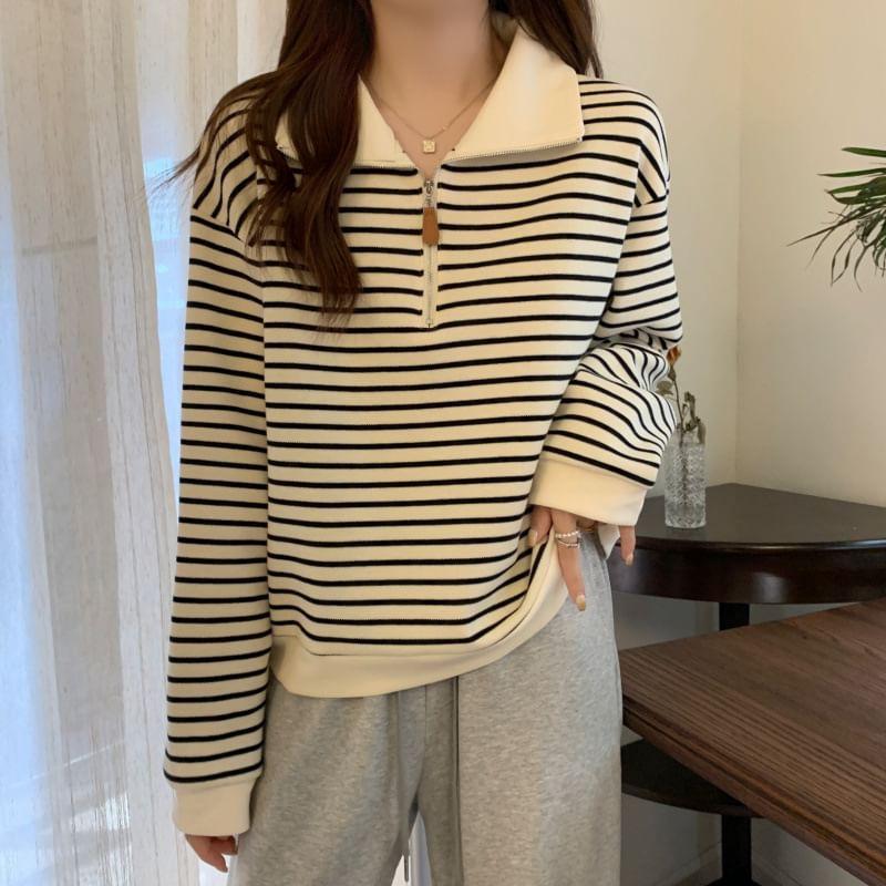 Contrast Collar Striped Half-Zip Pullover Product Image