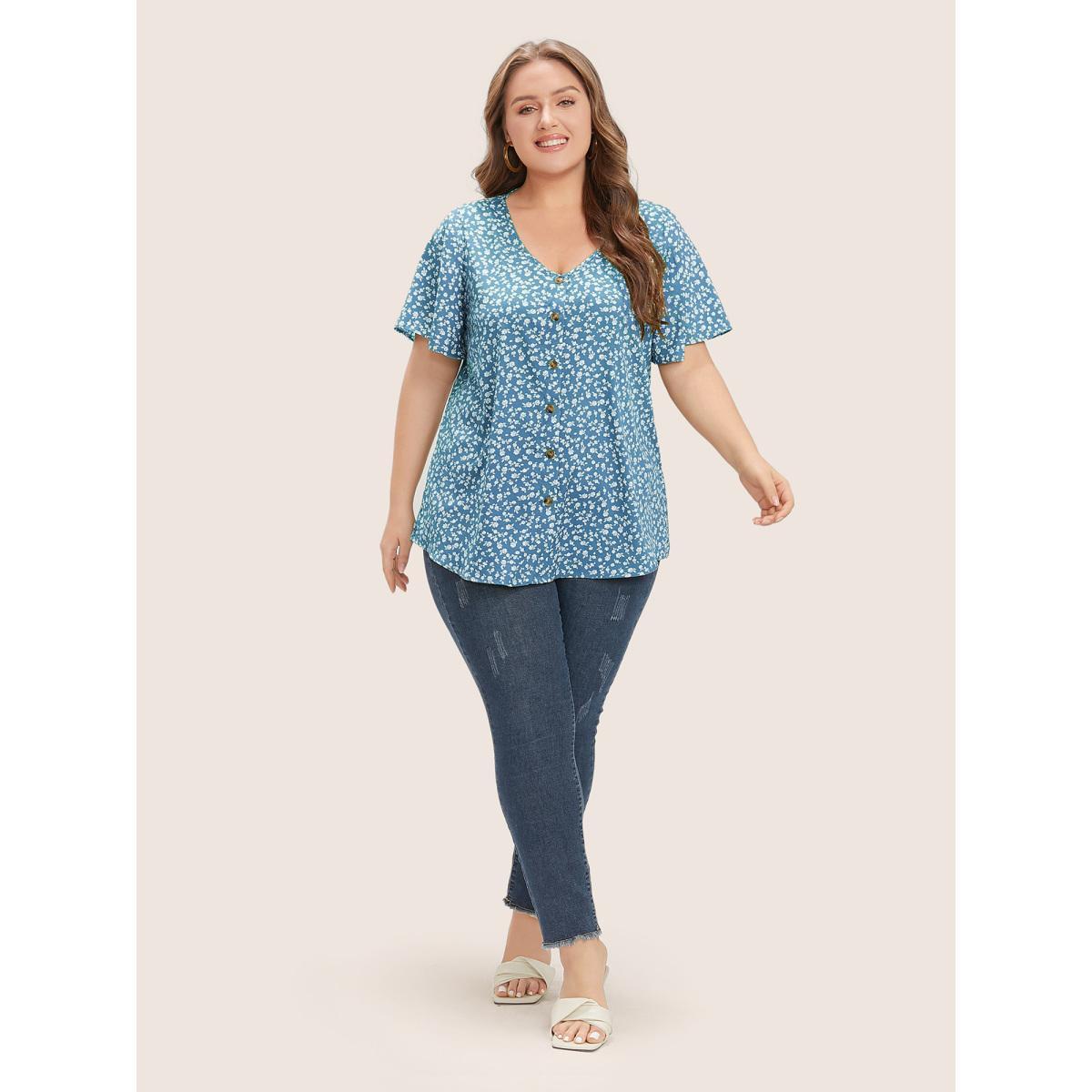 Plus Size Blue Ditsy Floral Ruffle Sleeve Button Detail Blouse Women Elegant Short sleeve V-neck Everyday Blouses BloomChic 22-24/3X Product Image