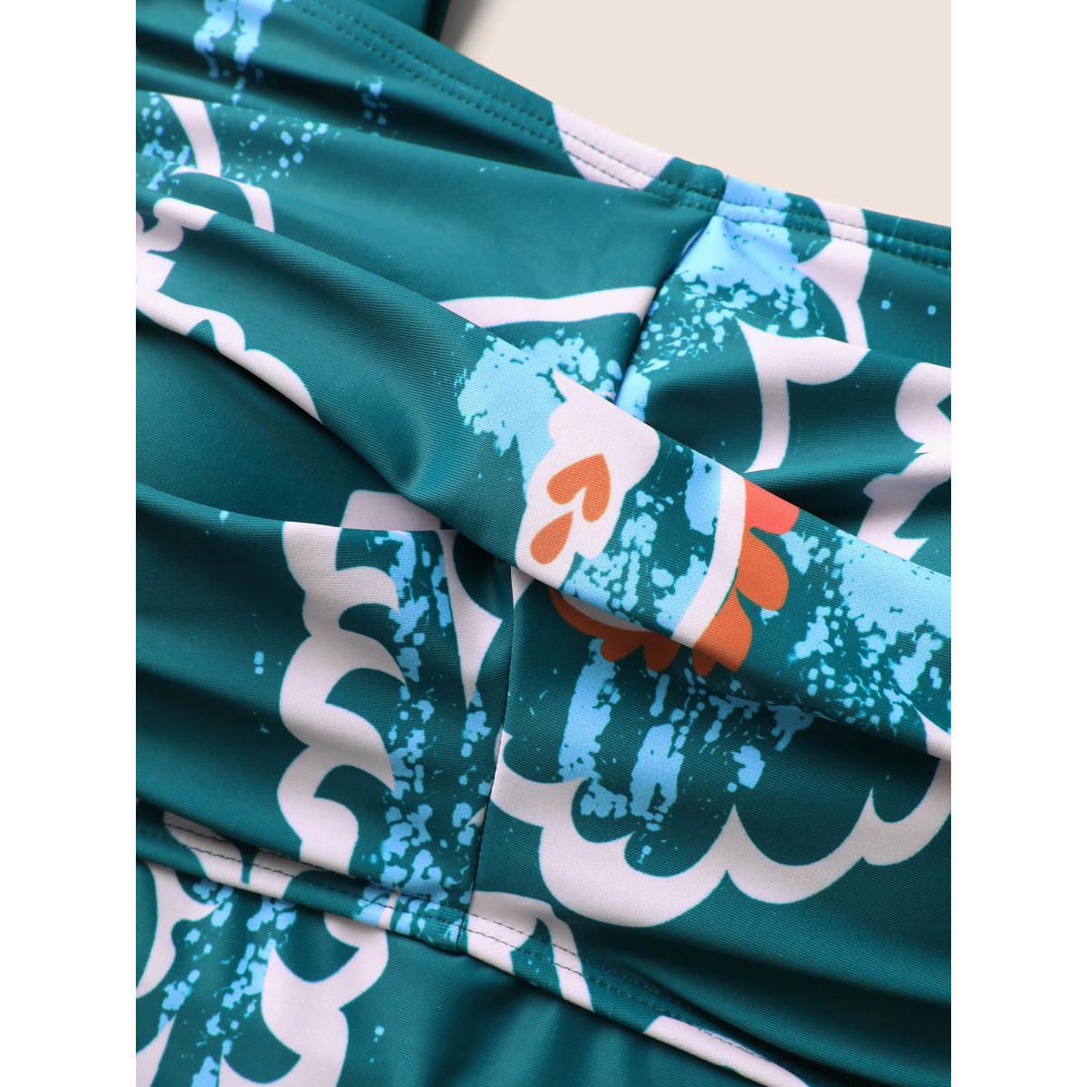 Plus Size Abstract Floral Patchwork Twist One Piece Swimsuit Women's Swimwear Cyan Beach Twist Curve Bathing Suits High stretch One Pieces BloomChic 26/4X Product Image