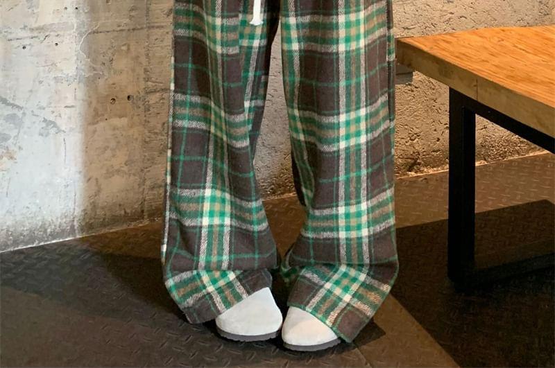 Drawstring Waist Plaid Loose-Fit Pants Product Image