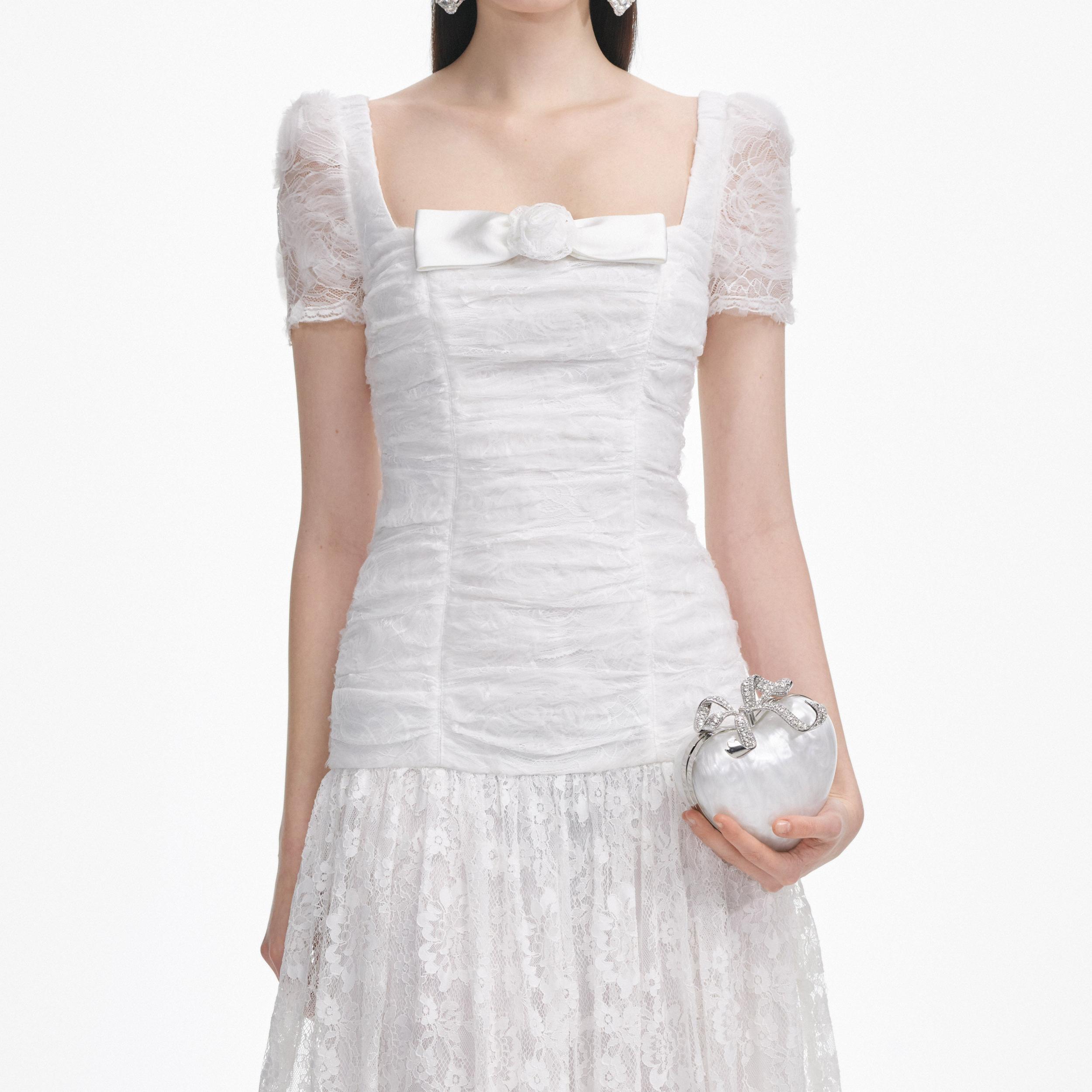 White Tulle Lace Gathered Midi Dress Product Image