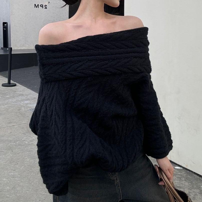 Off-Shoulder Plain Cable Knit Sweater Product Image