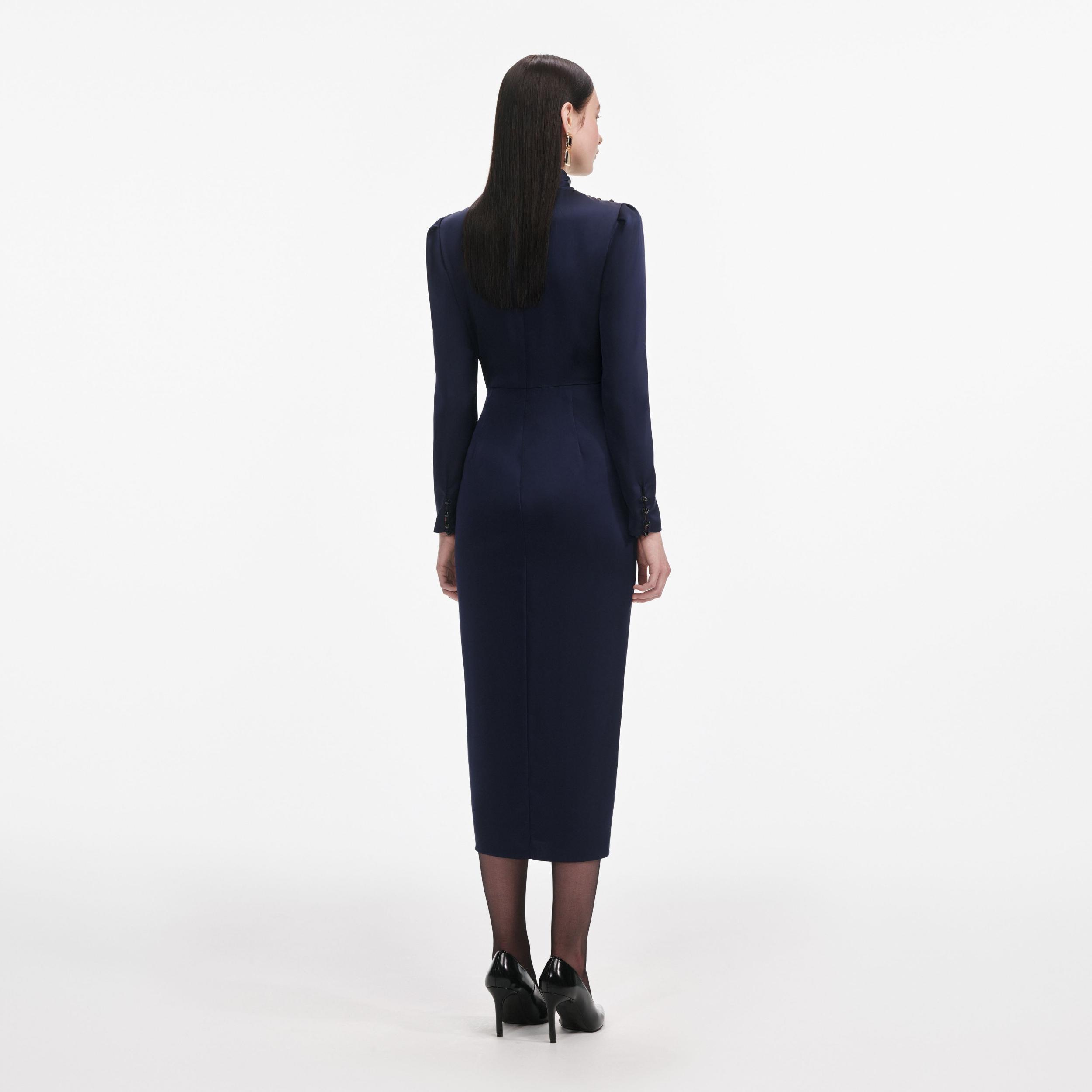 Navy Satin Midi Dress Product Image