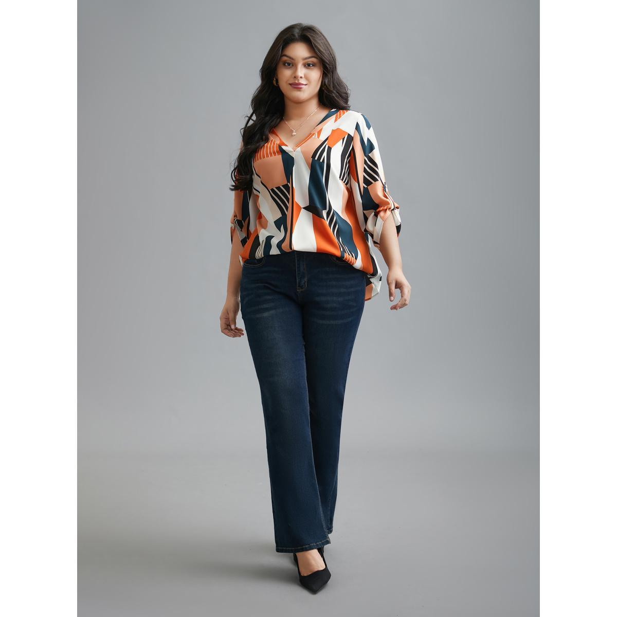 Plus Size Multicolor Abstract Print Tab Sleeve Blouse Women At the Office Elbow-length sleeve V-neck Work Blouses BloomChic 12/L Product Image