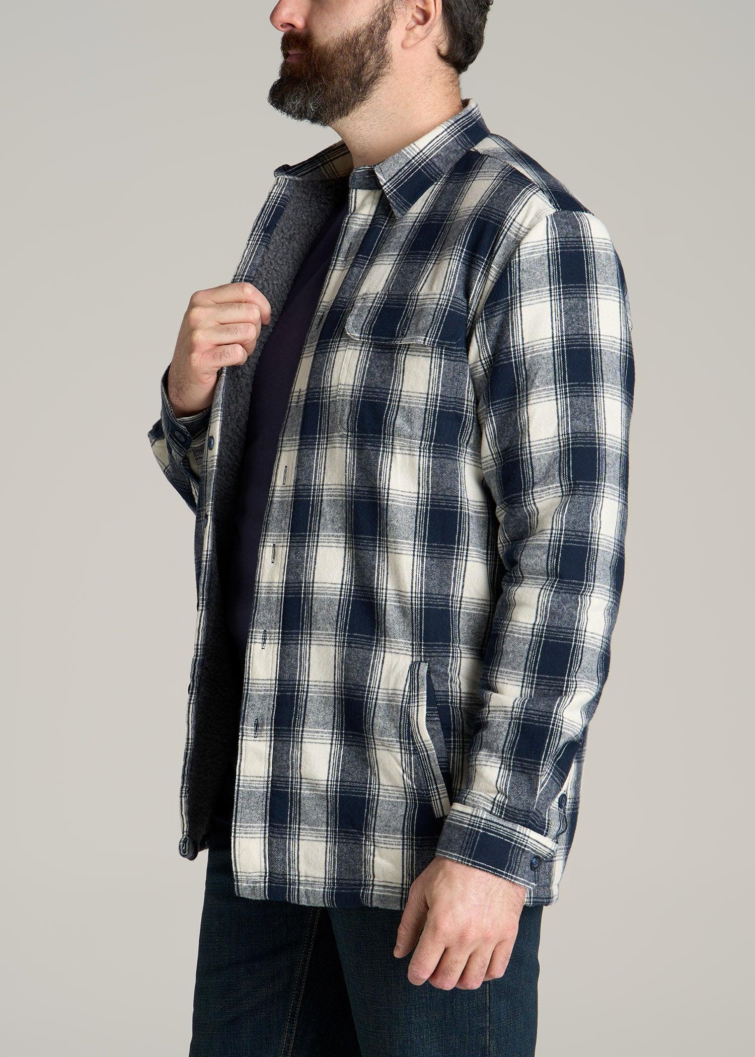 LJ&S Men's Tall Sherpa Lined Shirt Jacket in Midnight Navy & Ecru Plaid Product Image