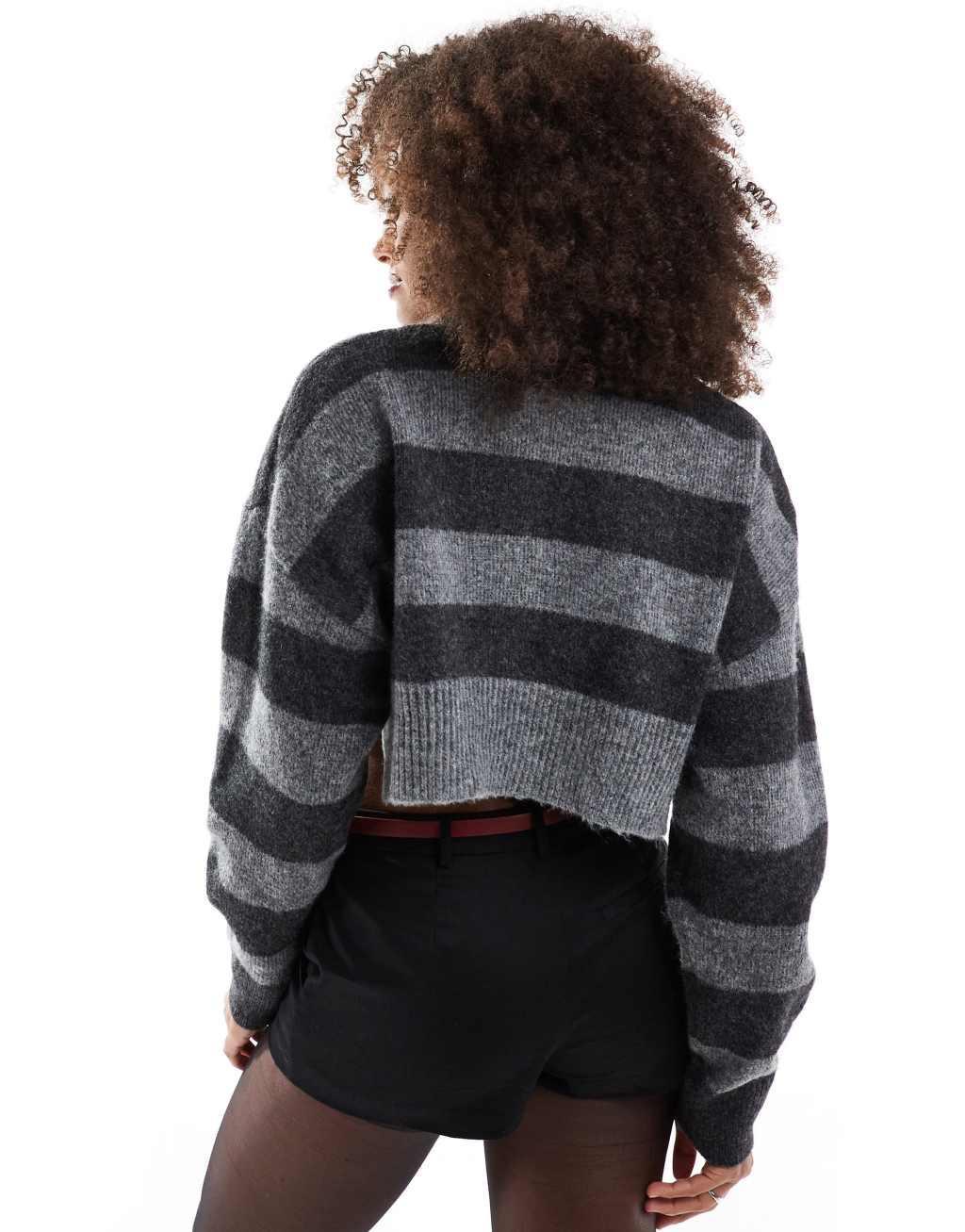ASOS DESIGN crop crew neck sweater with split hemline in stripe Product Image