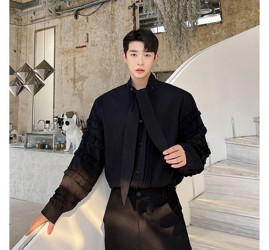 Long-Sleeve Tie-Neck Ruffle Trim Shirt Product Image