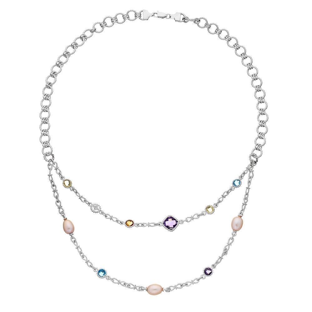 Sterling Silver Gemstone, Freshwater Cultured Pearl & Diamond Accent Double Strand Necklace, Women's, Size: 17" Product Image