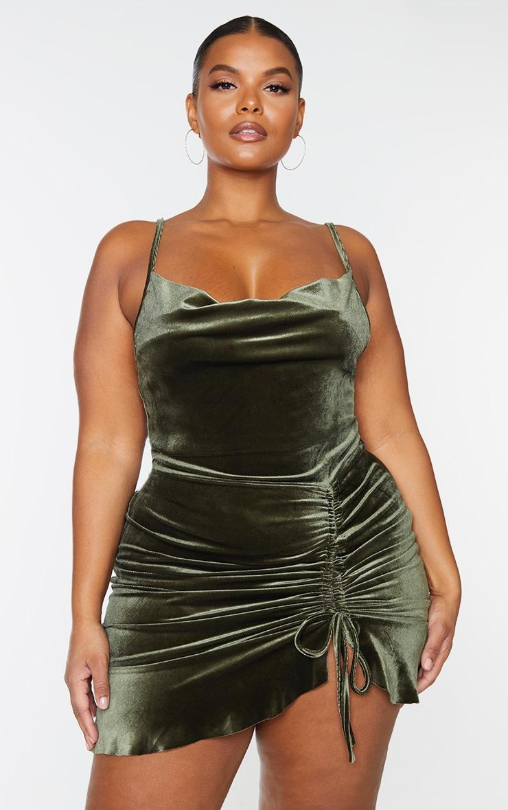 Plus Olive Velvet Strappy Ruched Frill Hem Bodycon Dress Product Image