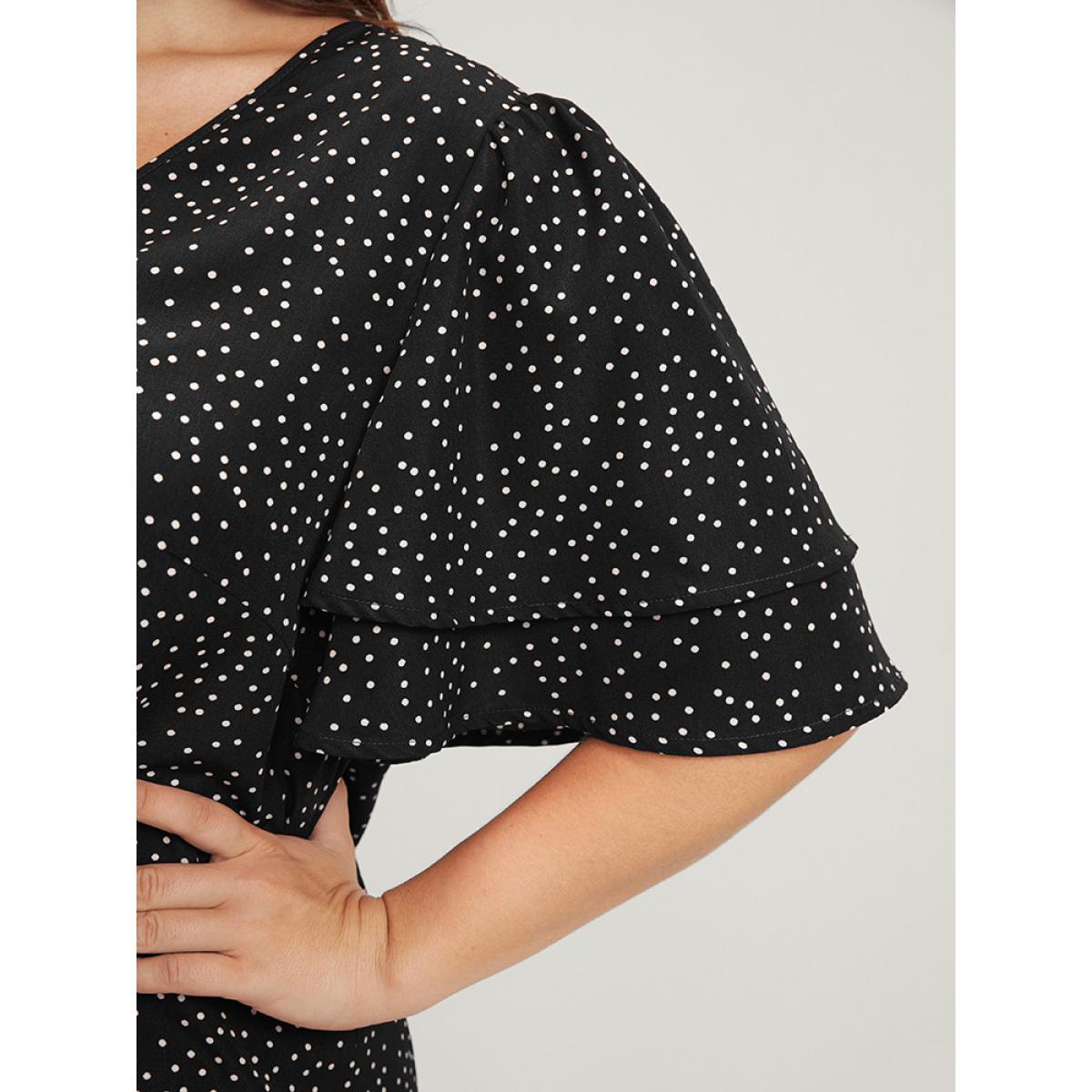 Plus Size Black Polka Dot Ruffle Sleeve Button Front Blouse Women Elegant Short sleeve V-neck Dailywear Blouses BloomChic 12/L Product Image