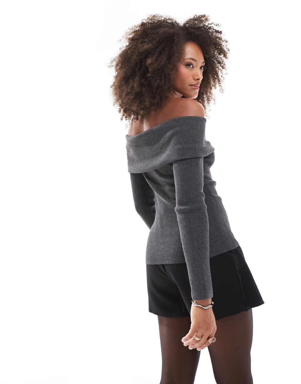 Miss Selfridge fold over knit ribbed bardot sweater in charcoal Product Image