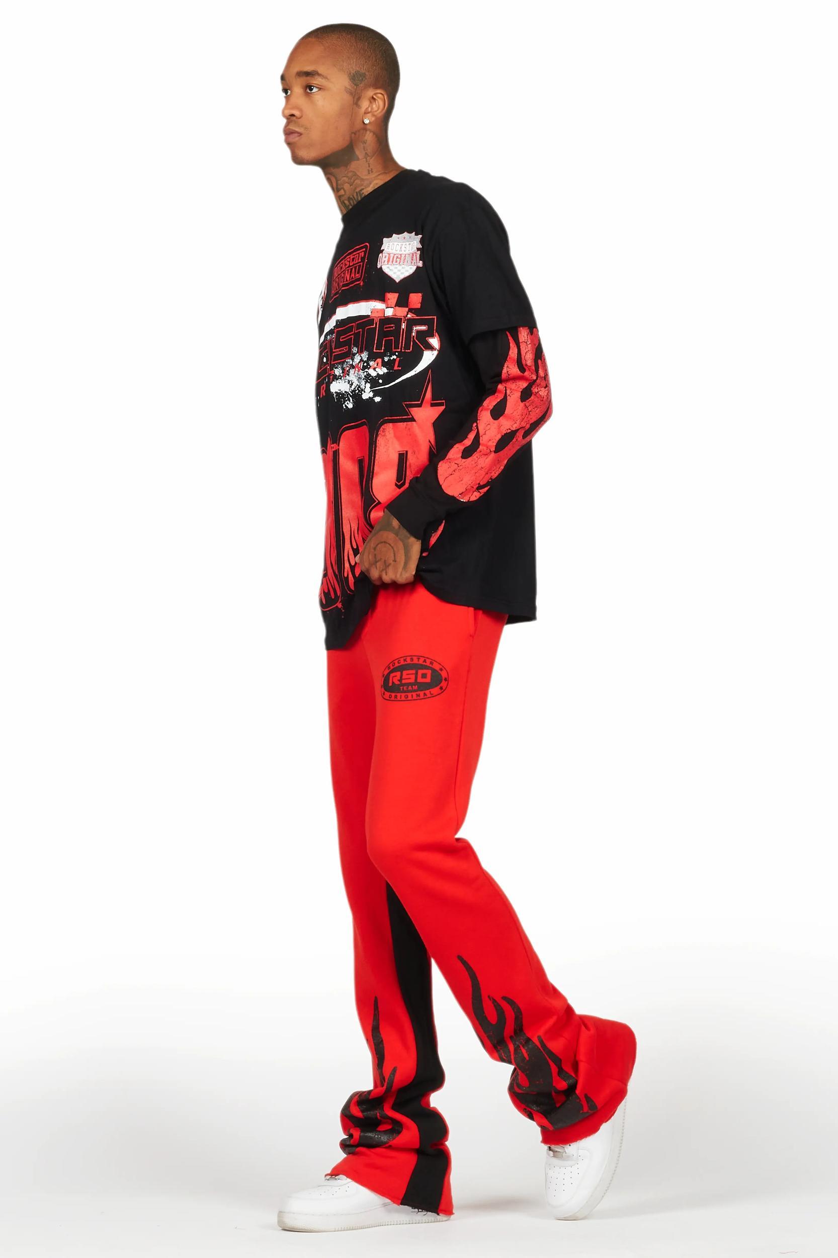 Amos Black/Red Double Layer T-Shirt/Stacked Baggy Pant Set Male Product Image