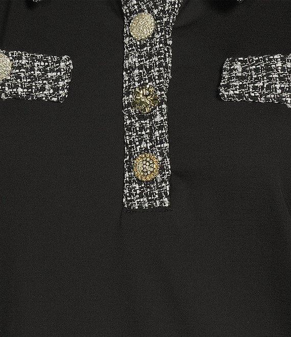 KARL LAGERFELD PARIS Knit Jersey Point Collar Short Sleeve Tweed Trim A-Line Dress Product Image