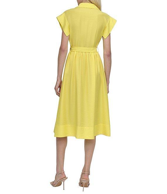 DKNY by Donna Karan Crinkle Point Collar Neck Short Sleeve Button Front Belted Shirt Midi Dress Product Image