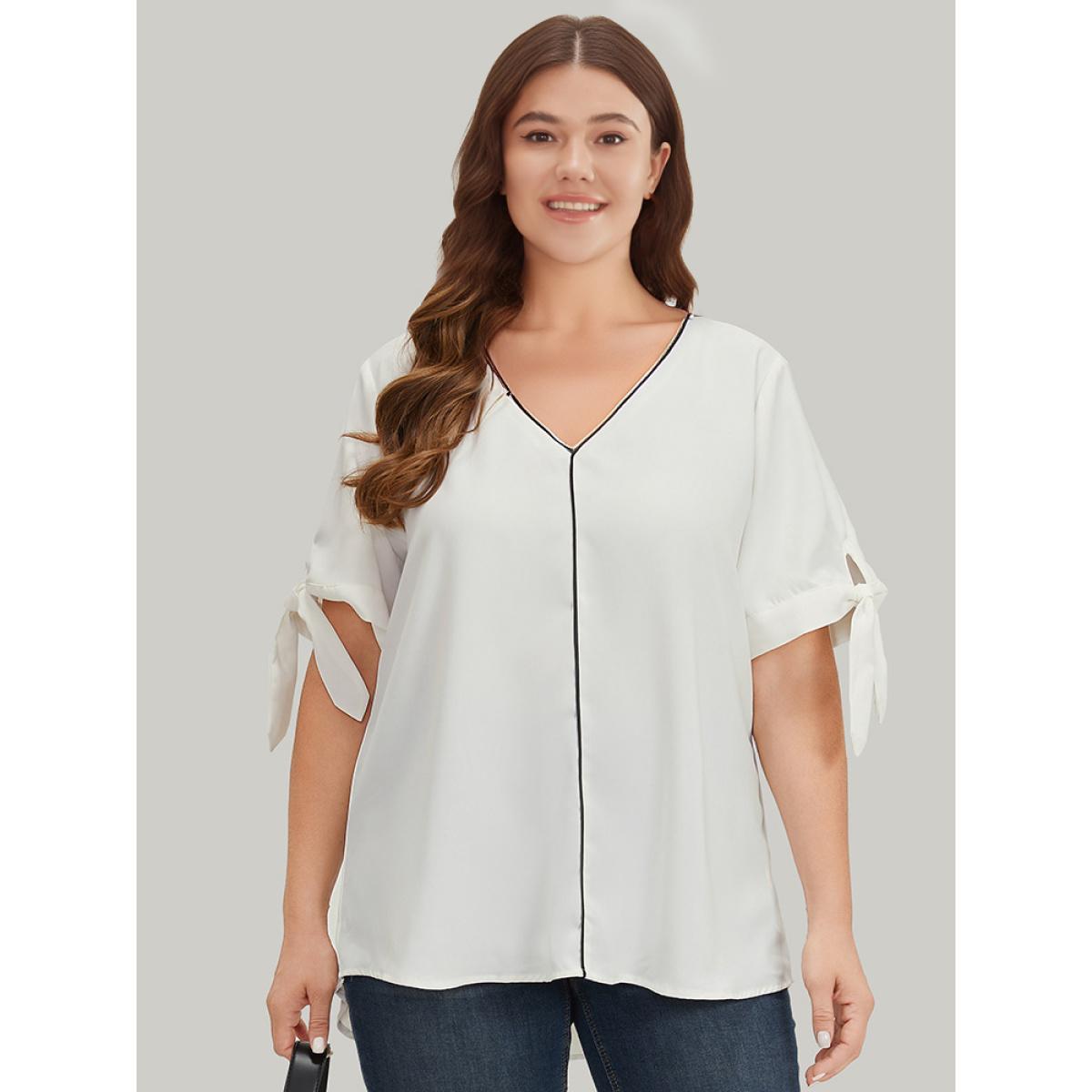 Plus Size Ivory Contrast Trim Knot High Low Hem Blouse Women Office Short sleeve V-neck Work Blouses BloomChic 22-24/3X Product Image