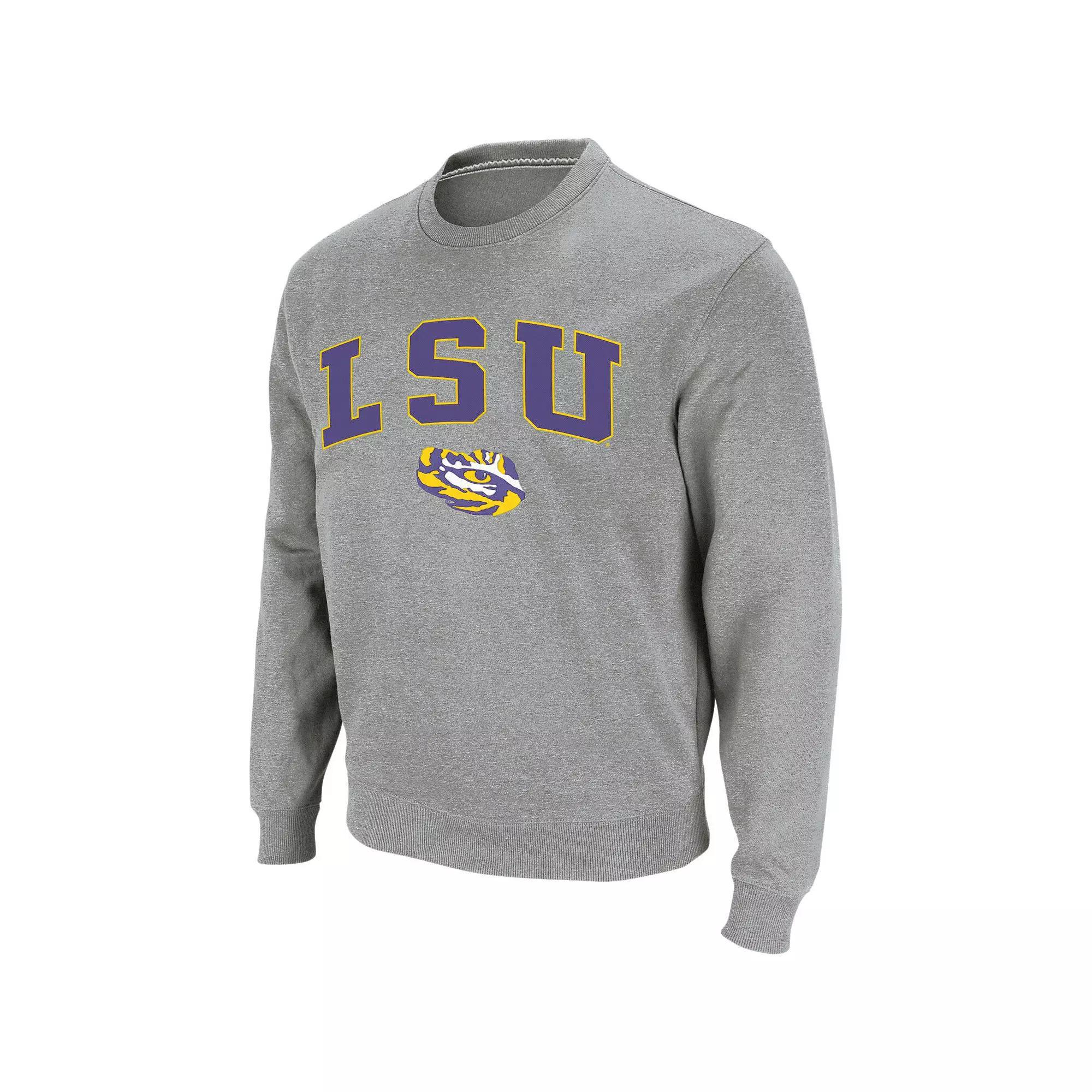 Men's Colosseum Heather Gray LSU Tigers Arch & Logo Crew Neck Sweatshirt, Size: Large, Grey Product Image