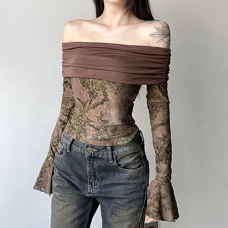 Flared-Sleeve Off-Shoulder Floral Tee Product Image
