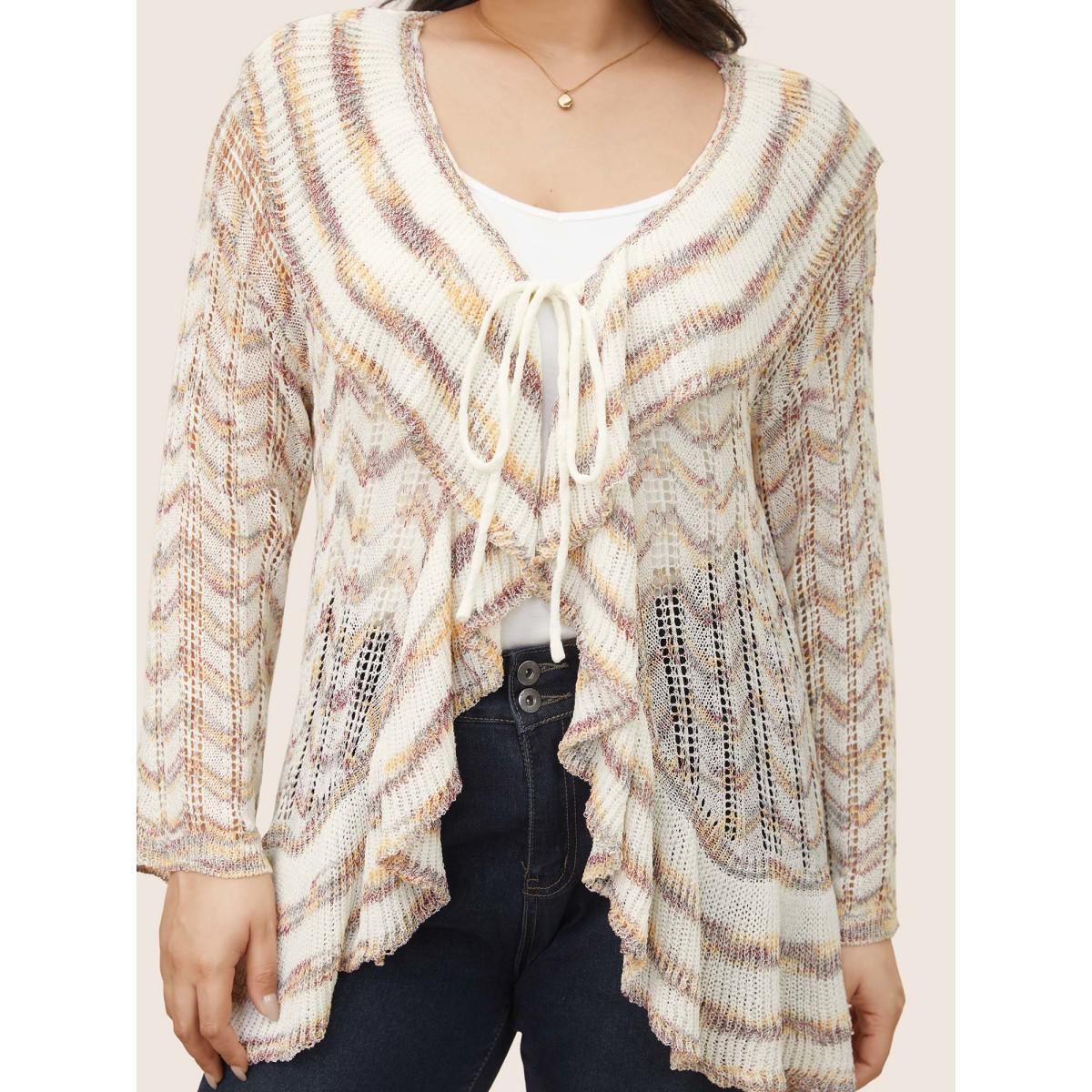 Plus Size Ombre Heather Ruffle Trim Ties Front Cardigan Ivory Women Everyday Elegant Cover Ups Bloomchic 22-24/3X Product Image