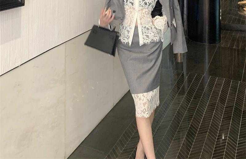 Lace-Trim Double-Breasted Blazer / Midi Skirt Product Image