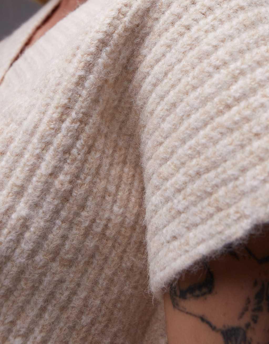 Topshop knit V-neck relaxed fluffy ribbed tank top in oat Product Image