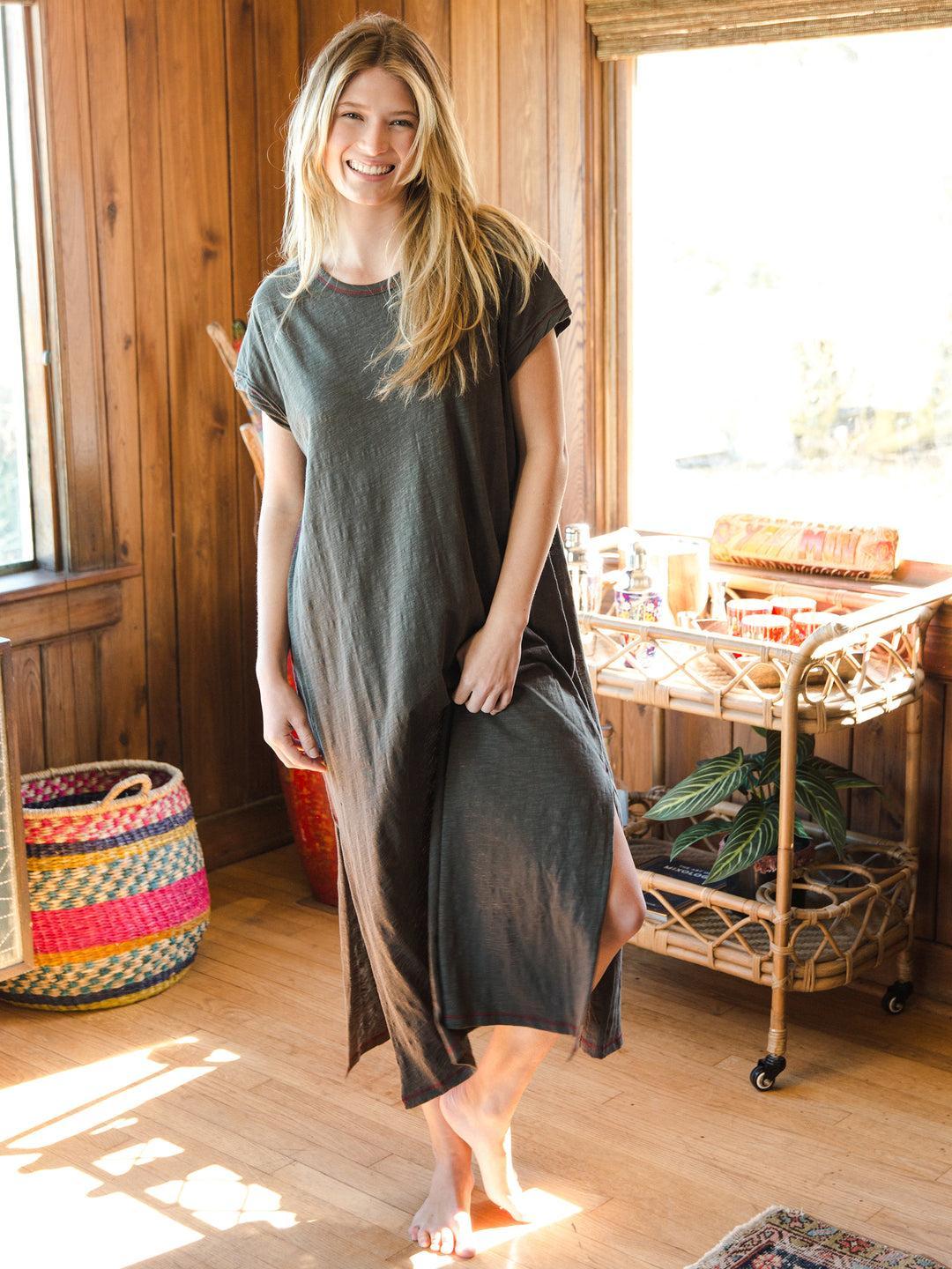 Frankie Knit Cotton Tee Midi Dress - Charcoal Product Image