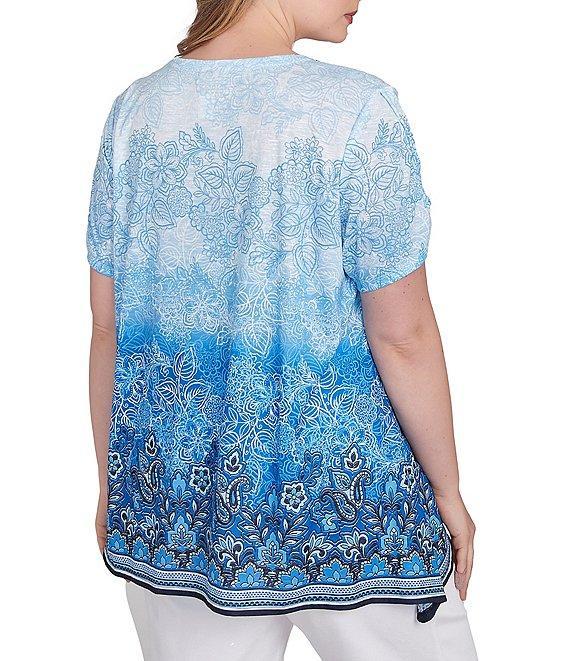Ruby Rd. Plus Size Jersey Ombre Print Embellished Scoop Neck Short Cut-Out Sleeve Top Product Image