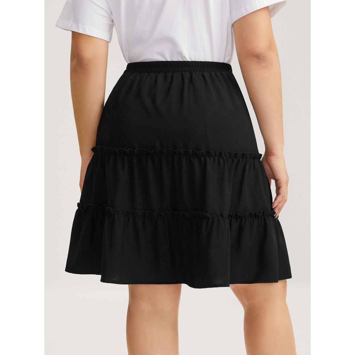 Plus Size Tiered Waist-Tie A-Line Midi Skirt Women Black No stretch Side seam pocket Everyday-Casual Skirts BloomChic 14-16/1X Product Image