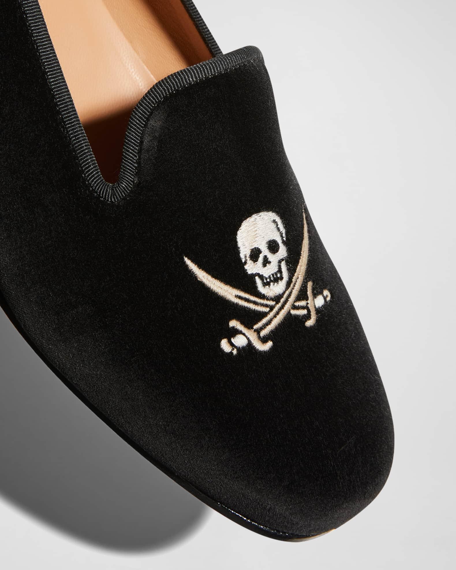Men's Jolly Roger Skull Embroidered Velvet Smoking Slippers Product Image